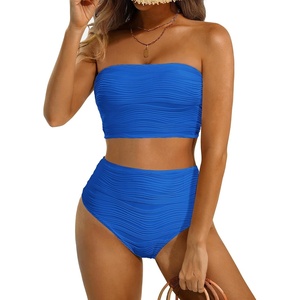 image:imageHigh Waisted Bandeau Bikini Set  Women Strapless Two Piece Swimsuits Ribbed Longline Full Coverage Bathing Suits SwimwearRoyal Blue