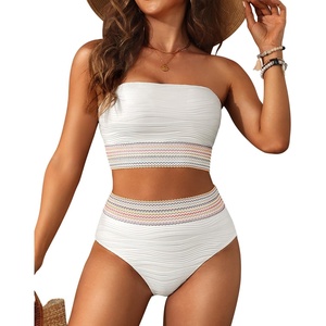 image:imageHigh Waisted Bandeau Bikini Set  Women Strapless Two Piece Swimsuits Ribbed Longline Full Coverage Bathing Suits SwimwearWhite
