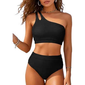 image:imageHigh Waisted Ribbed Bikini Swimsuit  Women Two Piece Bathing Suit One Shoulder Swimwear 2025Black