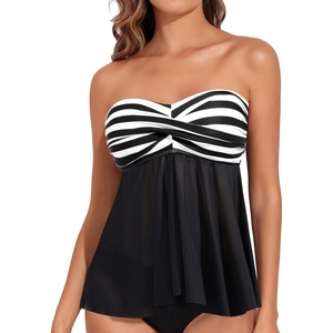 image:imageTalisea Women Bandeau Tankini Top Only Mesh Strapless Swimsuits Top Halter Flyaway Bathing Suits No BottomBlack Stripe