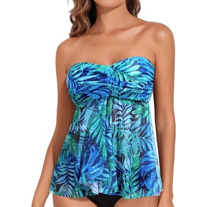 image:imageTalisea Women Bandeau Tankini Top Only Mesh Strapless Swimsuits Top Halter Flyaway Bathing Suits No BottomBlue Leaves