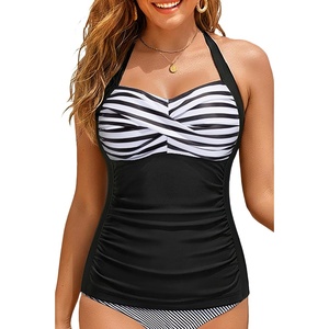 image:imageWomen Tankini Bathing Suit Top  Halter Swim Tops Only Tummy Control No Bottom SwimwearStripe and Black