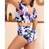 image:imagePlus Size Bikini Two Piece Swimsuit  Women High Waisted Tummy Control Bathing Suit with Sleeve Swimwear 2025Purple Flowers