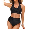image:imageTalisea High Waisted Bikini Set for Women Two Piece Tummy Control Swimsuit Halter Push Up Bathing Suits with Twist Front TopBlack