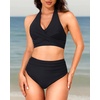 image:imageTalisea High Waisted Bikini Set for Women Two Piece Tummy Control Swimsuit Halter Push Up Bathing Suits with Twist Front TopBlack