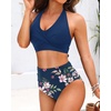 image:imageTalisea High Waisted Bikini Set for Women Two Piece Tummy Control Swimsuit Halter Push Up Bathing Suits with Twist Front TopBlue Floral