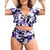 image:imagePlus Size Bikini Two Piece Swimsuit  Women High Waisted Tummy Control Bathing Suit with Sleeve Swimwear 2025Purple Flowers