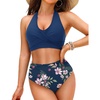 image:imageTalisea High Waisted Bikini Set for Women Two Piece Tummy Control Swimsuit Halter Push Up Bathing Suits with Twist Front TopBlue Floral