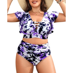 image:imagePlus Size Bikini Two Piece Swimsuit  Women High Waisted Tummy Control Bathing Suit with Sleeve Swimwear 2025Purple Flowers