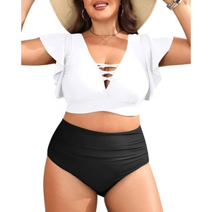 image:imagePlus Size Bikini Two Piece Swimsuit  Women High Waisted Tummy Control Bathing Suit with Sleeve Swimwear 2025White and Black