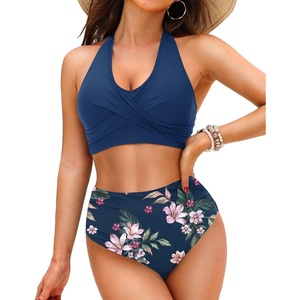 image:imageTalisea High Waisted Bikini Set for Women Two Piece Tummy Control Swimsuit Halter Push Up Bathing Suits with Twist Front TopBlue Floral