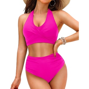 image:imageTalisea High Waisted Bikini Set for Women Two Piece Tummy Control Swimsuit Halter Push Up Bathing Suits with Twist Front TopHot Pink