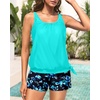 image:imageBlouson Tankini Swimsuit with Shorts  Womens Two Piece with Pockets Tummy Control Bathing Suit Modest Swimwear 2025Aqua Floral