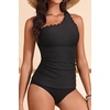 image:imageOne Shoulder Two Piece Tankini  Ribbed Swim Tops with Bottom Tummy Control Swimsuits Sporty Bathing Suits SwimwearBlack