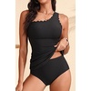 image:imageOne Shoulder Two Piece Tankini  Ribbed Swim Tops with Bottom Tummy Control Swimsuits Sporty Bathing Suits SwimwearBlack