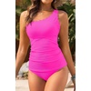 image:imageOne Shoulder Two Piece Tankini  Ribbed Swim Tops with Bottom Tummy Control Swimsuits Sporty Bathing Suits SwimwearHot Pink