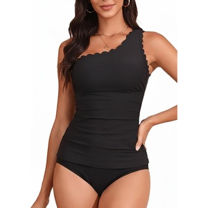 image:imageOne Shoulder Two Piece Tankini  Ribbed Swim Tops with Bottom Tummy Control Swimsuits Sporty Bathing Suits SwimwearBlack