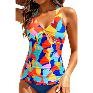image:imageWomen Halter Tankini Swim Top  Tummy Control Swimsuit Bathing Suit Top Front Tie Knot Swim Top Only 2025Color Block