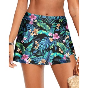 image:imageWomens Mid Rise Swim Skirt  Bathing Suit Skirt with Builtin Shorts Split Skort Swimsuit Bottoms Swimwear 2025Tropical Leaves
