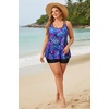 image:imagePlus Size Tankini with Shorts  Women Two Piece Swimsuits Bathing Suit Scoop Neck Flowy Swimwear 2025Blue Purple Leaves