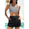 image:imageTalisea 3 Piece Tankini with Shorts  Modest Swimsuit Tummy Control Bathing Suits Athletic Sports Swimwear with PocketsGreen and Striped