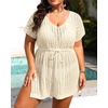 image:imageTalisea Plus Size Swimsuit Cover Up Women  Crochet Beach Romper Knit Bathing Suit Short Sleeve V Neck Swimwear Coverup DressBeige