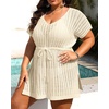 image:imageTalisea Plus Size Swimsuit Cover Up Women  Crochet Beach Romper Knit Bathing Suit Short Sleeve V Neck Swimwear Coverup DressBeige