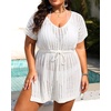 image:imageTalisea Plus Size Swimsuit Cover Up Women  Crochet Beach Romper Knit Bathing Suit Short Sleeve V Neck Swimwear Coverup DressWhite