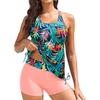 image:imageTankini Swimsuits with Shorts  Two Piece Tummy Control Bathing Suit Side Tie Top with Boy Short BottomMulti Leaves and Pink