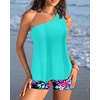 image:imageWomen Tankini with Shorts  Two Piece Bathing Suits One Shoulder Tummy Control Swimsuit 2025 Flowy SwimwearAqua Colorful Floral