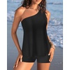 image:imageWomen Tankini with Shorts  Two Piece Bathing Suits One Shoulder Tummy Control Swimsuit 2025 Flowy SwimwearBlack