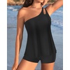 image:imageWomen Tankini with Shorts  Two Piece Bathing Suits One Shoulder Tummy Control Swimsuit 2025 Flowy SwimwearBlack