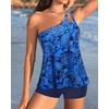 image:imageWomen Tankini with Shorts  Two Piece Bathing Suits One Shoulder Tummy Control Swimsuit 2025 Flowy SwimwearBlue Paisley