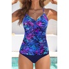 image:imageWomens Tankini Swimsuits  Two Piece Swimsuit Tummy Control Bathing Suit 2025 Twist V Neck SwimwearBlue Purple Leaves