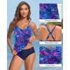 image:imageWomens Tankini Swimsuits  Two Piece Swimsuit Tummy Control Bathing Suit 2025 Twist V Neck SwimwearBlue Purple Leaves