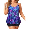 image:imagePlus Size Tankini with Shorts  Women Two Piece Swimsuits Bathing Suit Scoop Neck Flowy Swimwear 2025Blue Purple Leaves