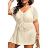 image:imageTalisea Plus Size Swimsuit Cover Up Women  Crochet Beach Romper Knit Bathing Suit Short Sleeve V Neck Swimwear Coverup DressBeige
