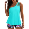 image:imageWomen Tankini with Shorts  Two Piece Bathing Suits One Shoulder Tummy Control Swimsuit 2025 Flowy SwimwearAqua Colorful Floral