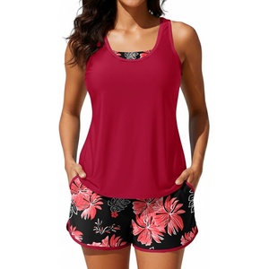 image:imageTalisea 3 Piece Tankini with Shorts  Modest Swimsuit Tummy Control Bathing Suits Athletic Sports Swimwear with PocketsRed Floral