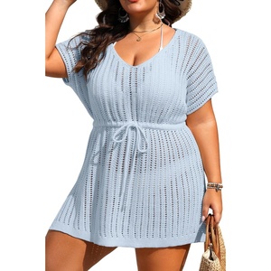image:imageTalisea Plus Size Swimsuit Cover Up Women  Crochet Beach Romper Knit Bathing Suit Short Sleeve V Neck Swimwear Coverup DressLight Blue