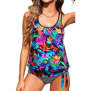 image:imageWomen Blouson Tankini Top Only  Loose Fit Swim Top Bathing Suit No Bottom Modest Swimsuit Swim Tank Top 2025Colorful Leaves