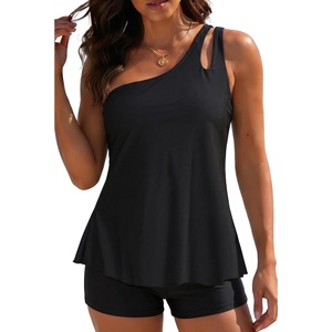 image:imageWomen Tankini with Shorts  Two Piece Bathing Suits One Shoulder Tummy Control Swimsuit 2025 Flowy SwimwearBlack