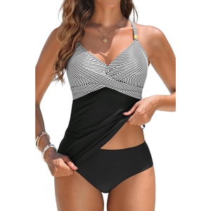 image:imageWomens Tankini Swimsuits  Two Piece Swimsuit Tummy Control Bathing Suit 2025 Twist V Neck SwimwearBlack Stripe