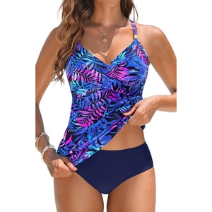 image:imageWomens Tankini Swimsuits  Two Piece Swimsuit Tummy Control Bathing Suit 2025 Twist V Neck SwimwearBlue Purple Leaves