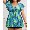 image:imagePlus Size Tankini Swimsuits  Women Two Piece Bathing Suit with Shorts Swimwear Ruffle Sleeve 2025Blue Leaf