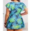 image:imagePlus Size Tankini Swimsuits  Women Two Piece Bathing Suit with Shorts Swimwear Ruffle Sleeve 2025Blue Leaf