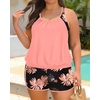 image:imagePlus Size Tankini Swimsuits Women  Blouson Two Piece Tummy Control Bathing Suit Criss Cross Tankini Top with ShortsCoral Pink Floral