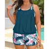 image:imagePlus Size Tankini Swimsuits Women  Blouson Two Piece Tummy Control Bathing Suit Criss Cross Tankini Top with ShortsTeal Flower