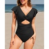 image:imageTalisea Womens One Piece Swimsuit Ruffle Swimsuit with Sleeves Cutout Bathing Suit Slimming Tummy Control V Neck SwimwearBlack