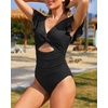 image:imageTalisea Womens One Piece Swimsuit Ruffle Swimsuit with Sleeves Cutout Bathing Suit Slimming Tummy Control V Neck SwimwearBlack